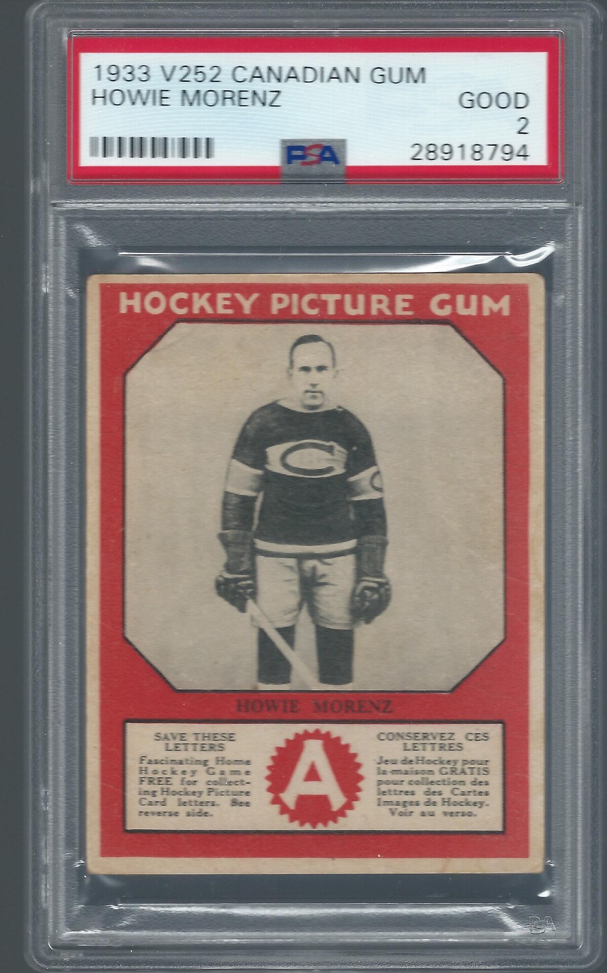 1933 Canadian Gum Hockey Howie Morenz PSA 2